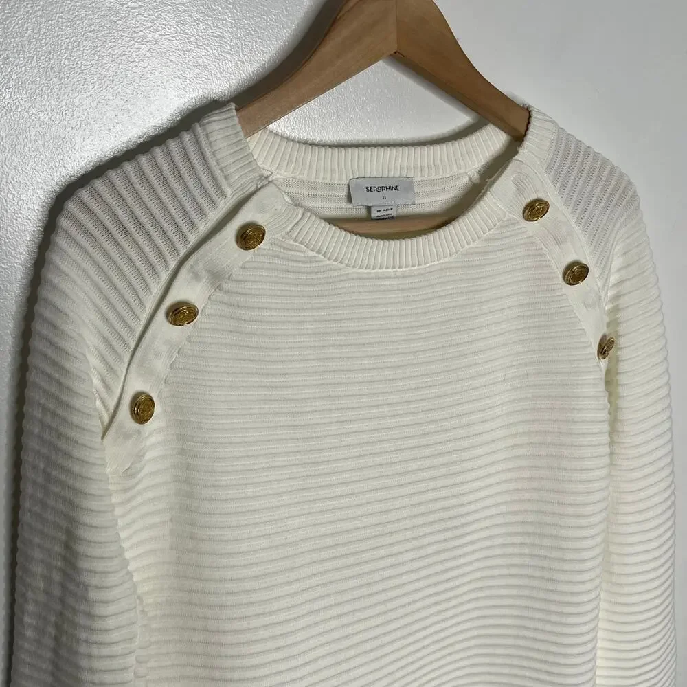 Seraphine Maternity Nursing Sweater XS Ivory Ribbed Gold Button Shoulder Cotton